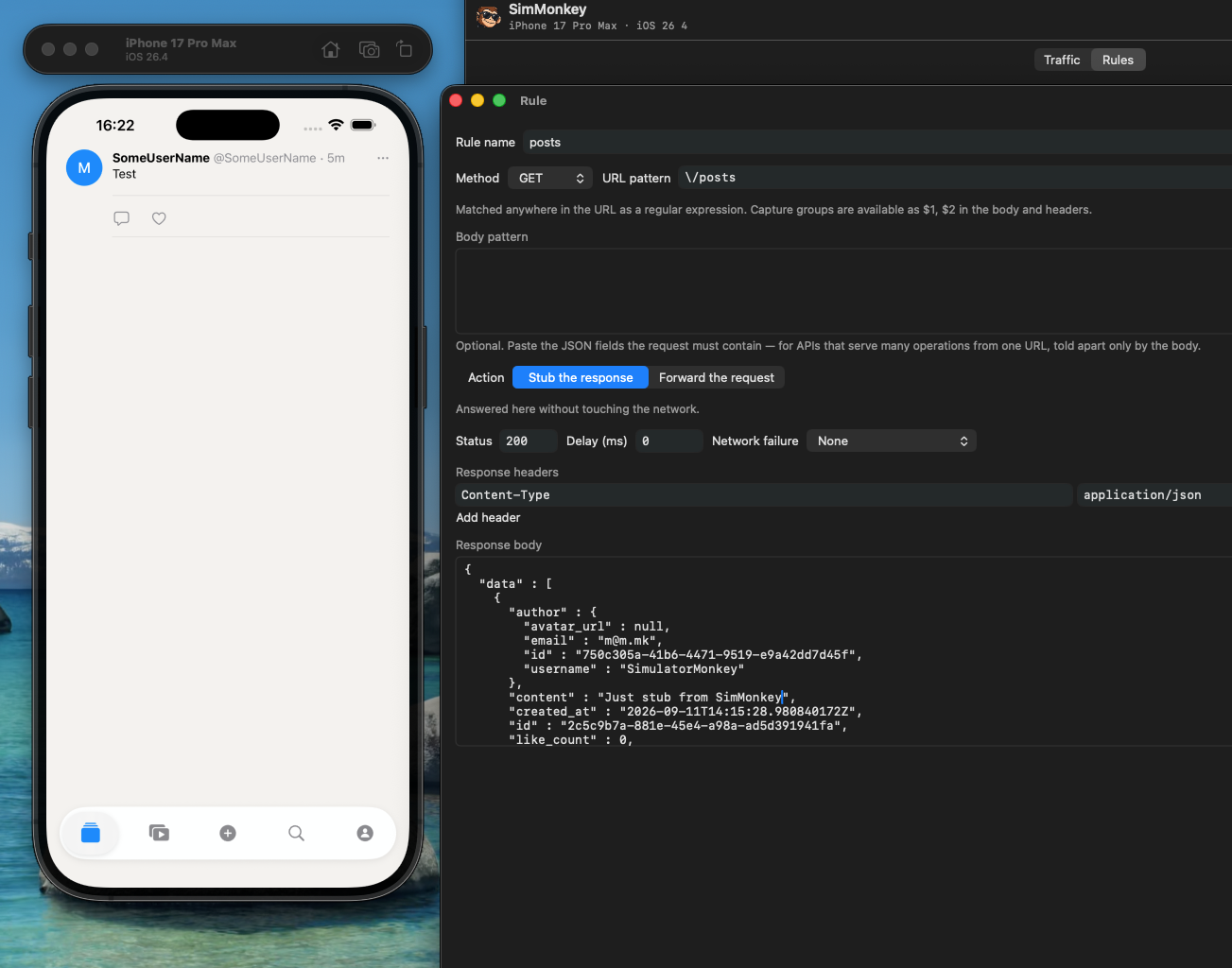 The rule editor with a URL pattern, a JSON body pattern, and a stubbed response